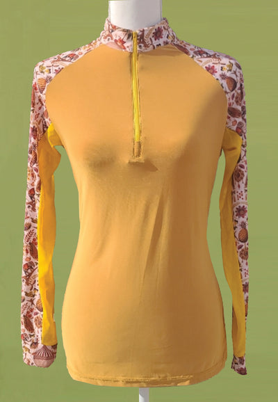 It’s A Haggerty’s Women’s LS Sun Shirt - Mustard with Adventure Print full Sleeves, XL