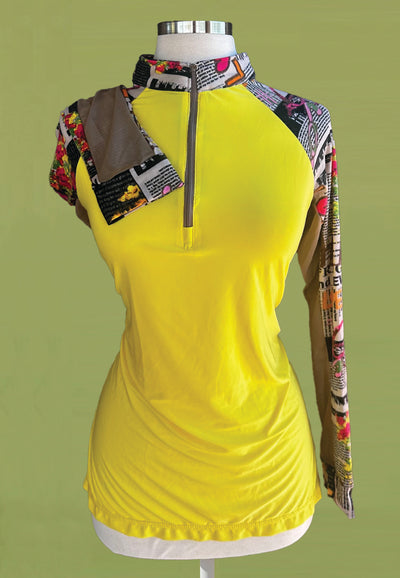 It's a Haggerty's Womens LS Sun Shirt -  Yellow with Bright Newsprint Sleeves, L
