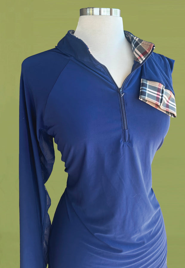 It’s A Haggerty’s Women’s LS Sun Shirt - Navy with Luxury Plaid Pattern on Cuffs + Collar, XL