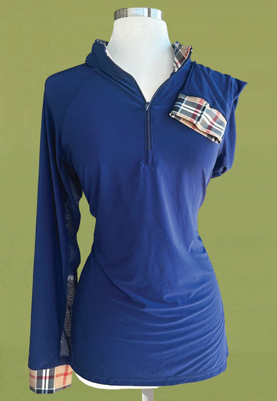 It’s A Haggerty’s Women’s LS Sun Shirt - Navy with Luxury Plaid Pattern on Cuffs + Collar, XL