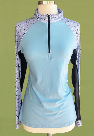 It's a Haggerty's Womens LS Sun Shirt -  Light Blue with Lilac/Black/White Patterned Full Sleeves, L