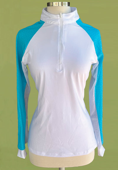 It's a Haggerty's Womens LS Sun/Show Shirt  - White with Dotted-Turquoise Sleeves, M