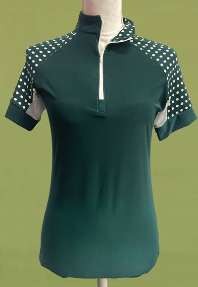 It's a Haggerty's Womens SS Sun Shirt - Hunter Green with Polka-Dot Sleeves, M