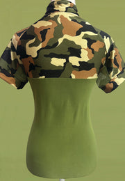 It's a Haggerty's Womens SS Sun Shirt - Olive with Camo Sleeves + Back, M