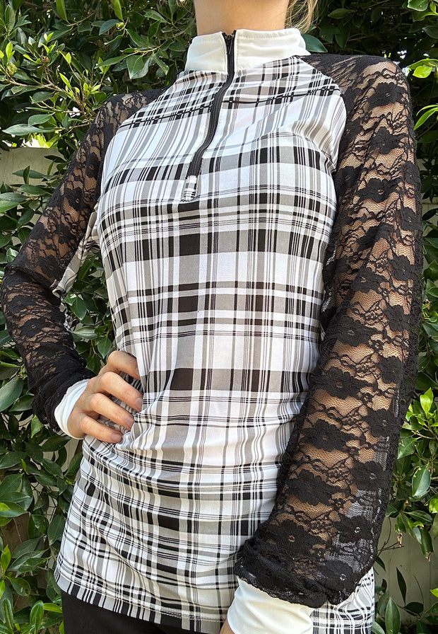 NEW! Custom Ladies Show Shirt with Raglan Lace Sleeves - Black Plaid with Lace Choice