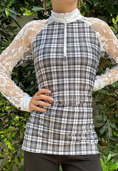 NEW! Custom Ladies Show Shirt with Raglan Lace Sleeves - Black Plaid with Lace Choice