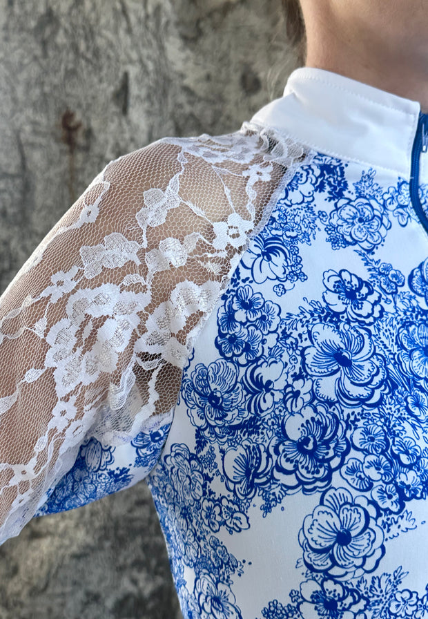 NEW! Custom Ladies Show Shirt with Raglan Lace Sleeves - Blue Floral