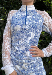 NEW! Custom Ladies Show Shirt with Raglan Lace Sleeves - Blue Floral
