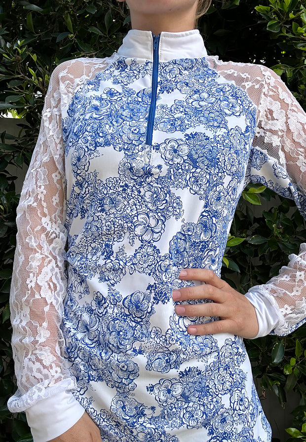 NEW! Custom Ladies Show Shirt with Raglan Lace Sleeves - Blue Floral